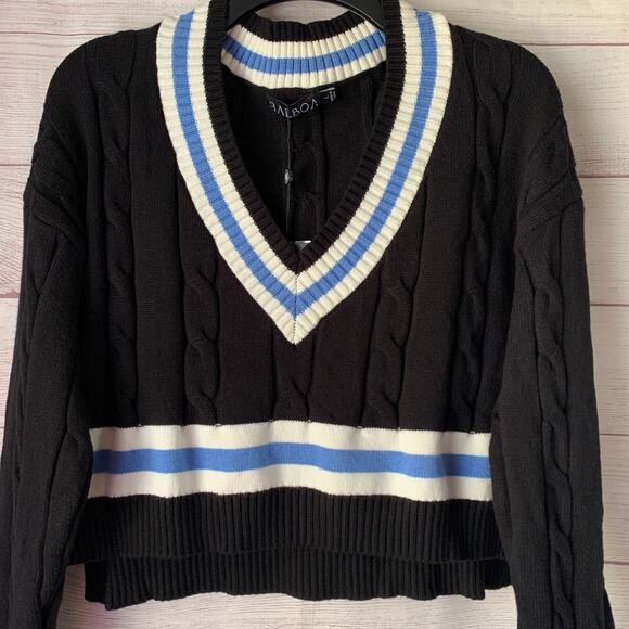 Balboa Fashion Cable Knit Tennis Sweater Black Blue Striped Crop With Tag Size L - Picture 4 of 16